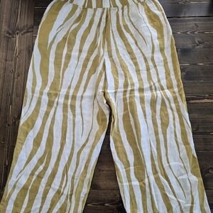 Rachel Zoe 100% Linen Pants Size XL Yellow Stripe Wide Leg Pockets Elastic Waist